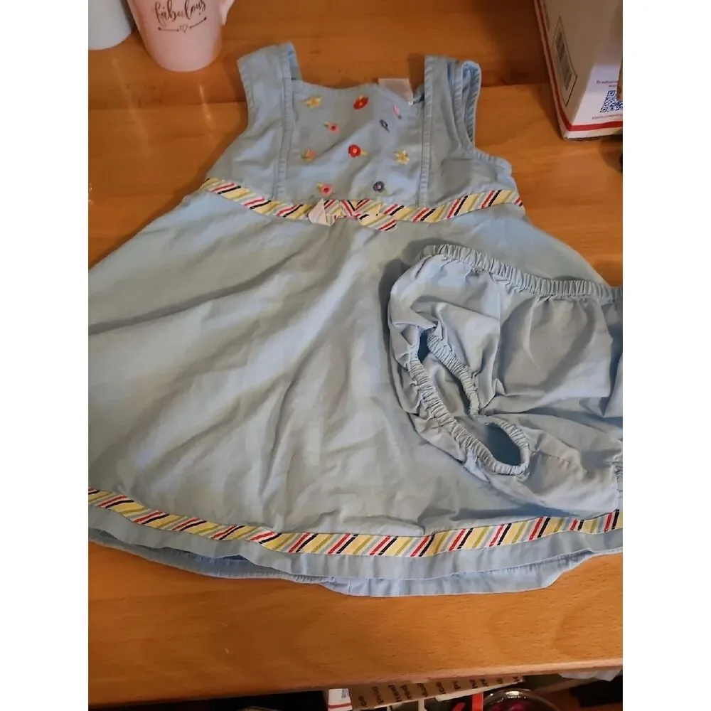 Gymboree Light Blue Baby Dress with Embroidered Flowers 18to24 Mos.